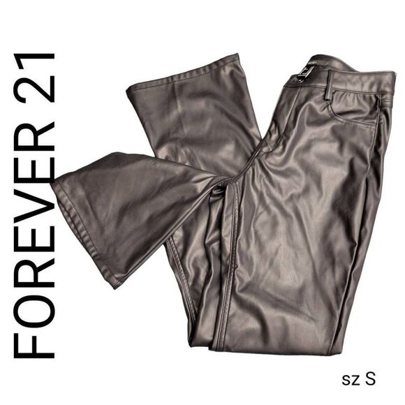 Forever 21 Black Faux Leather 70s Disco Retro Flare Pants Jeans - Picture 2 of 11